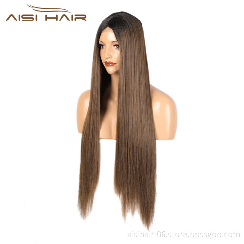 Aisi Hair 30 Inch Long Silky Straight Ombre Brown Dark Root Swiss Lace Wig Cheap Synthetic Hair Lace Front Wigs For Black Women